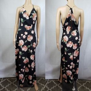 Lush Black Pink Floral Maxi Halter Dress Size S